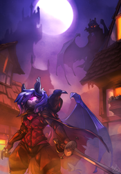 Size: 2800x4000 | Tagged: safe, artist:atryl, derpibooru import, oc, oc:dusk rhine, oc:midnight measure, anthro, bat pony, bird, raven (bird), undead, vampire, armor, bat pony oc, castle, cloak, clothes, fantasy, fantasy class, female, full moon, glowing, glowing eyes, leather, leather armor, male, mist, moon, night, rapier, rogue, scenery, sword, weapon