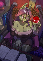 Size: 2800x4000 | Tagged: safe, artist:atryl, derpibooru import, oc, oc:vesper measure, anthro, bat pony, alcohol, belly, breasts, chair, cleavage, clothes, collar, desk, drink, fangs, female, glass, glasses, high res, library, lidded eyes, looking at you, milf, seductive look, socks, thigh highs, tongue, tongue out, wide hips, wine, wine glass