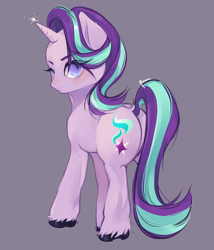 Size: 2400x2800 | Tagged: safe, artist:suracao, derpibooru import, starlight glimmer, pony, unicorn, g4, butt, female, glimmer glutes, gray background, high res, horn, looking at you, looking back, looking back at you, mare, plot, simple background, solo, starlight glimmer day, unshorn fetlocks