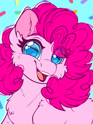 Size: 1800x2400 | Tagged: safe, artist:haywaiianhorse, artist:thehaywaiianhorse, derpibooru import, pinkie pie, earth pony, pony, g4, blue background, bust, cheek fluff, chest fluff, confetti, curly hair, cute, diapinkes, digital art, ear fluff, ears, eye clipping through hair, eyebrows, eyebrows visible through hair, female, fluffy, food, happy, looking at you, mare, open mouth, open smile, portrait, simple background, smiling, smiling at you, solo, sprinkles