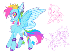 Size: 2048x1436 | Tagged: safe, artist:webkinzworldz, derpibooru import, fluttershy, rainbow dash, scootaloo, oc, oc:double rainbow (webkinzworldz), oc:meadowbrook (webkinzworldz), oc:scooter sprite, pegasus, pony, g4, alternate color palette, alternate design, alternate name, alternate universe, bags under eyes, chest fluff, coat markings, colored eyebrows, colored hooves, colored wings, colored wingtips, ear fluff, ear piercing, ear tufts, earring, ears, eyelashes, female, industrial piercing, jewelry, long description, long tail, looking back, mare, multicolored eyes, multicolored hair, multicolored mane, multicolored tail, piercing, profile, rainbow hair, rainbow tail, shiny hoof, short mane, simple background, smiling, spiked wristband, spread wings, tail, triality, trio, trio female, two toned wings, white background, wingding eyes, wings, wristband