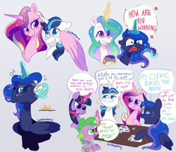 Size: 2300x2000 | Tagged: safe, artist:bishopony, derpibooru import, princess cadance, princess celestia, princess luna, shining armor, spike, twilight sparkle, twilight sparkle (alicorn), alicorn, dragon, pony, unicorn, g4, alternate hairstyle, blame my sister, blush scribble, blushing, bust, clothes, coffee mug, controller, cross-popping veins, dialogue, drink, drinking, dungeons and dragons, ears, emanata, eye clipping through hair, eyes closed, female, floppy ears, freckles, gamer celestia, gamer luna, glowing, glowing horn, gradient background, grin, group, hair bun, high res, horn, hug, looking at each other, looking at someone, male, mare, mug, pen and paper rpg, rpg, shiningcadance, shipping, shirt, signature, smiling, sparkles, speech bubble, stallion, straight, sunrise, tabletop game, wholesome, winged spike, winghug, wings, yelling
