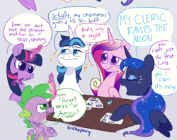 Size: 1452x1150 | Tagged: safe, artist:bishopony, derpibooru import, princess cadance, princess luna, shining armor, spike, twilight sparkle, twilight sparkle (alicorn), alicorn, dragon, pony, unicorn, g4, blush scribble, blushing, bust, cropped, dialogue, ears, eyes closed, female, floppy ears, glowing, glowing horn, gradient background, group, horn, male, mare, shiningcadance, shipping, signature, smiling, speech bubble, stallion, straight, tabletop game, winged spike, wings