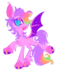 Size: 1612x2000 | Tagged: safe, artist:webkinzworldz, derpibooru import, oc, oc only, oc:cosmic dawn (webkinzworldz), bat pony, pony, bat pony oc, big ears, big eyes, blue eyes, blush scribble, blushing, chest fluff, colored pinnae, colored wings, concave belly, cute, cute little fangs, ear tufts, ears, eye clipping through hair, eyelashes, eyeshadow, fangs, lidded eyes, long legs, long mane male, long tail, makeup, male, multicolored mane, multicolored tail, open mouth, open smile, pink coat, purple mane, purple tail, raised hoof, raised leg, shiny hoof, simple background, slender, slit eyes, smiling, solo, stallion, standing, starry wings, tail, thin, two toned wings, white background, wings