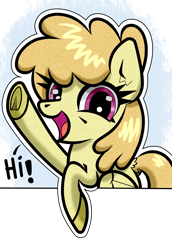 Size: 1100x1600 | Tagged: safe, artist:scandianon, derpibooru import, toffee swirl, pegasus, pony, g4, female, looking at you, mare, open mouth, open smile, smiling, talking to viewer, waving