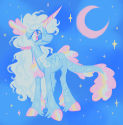 Size: 1566x1598 | Tagged: safe, artist:webkinzworldz, derpibooru import, oc, oc only, oc:celine (webkinzworldz), hybrid, merpony, pony, unicorn, big eyes, blue mane, blue skin, colored ears, colored hooves, colored horn, crescent moon, curly hair, curly mane, ear fluff, ears, fish tail, freckles, frills, horn, long horn, moon, night, pink eyes, ponified, ponified oc, ponytail, profile, scales, shiny hoof, sky background, smiling, solo, sparkles, species swap, standing, stars, tail, tied mane, two toned mane, unicorn horn, unicorn oc, unshorn fetlocks, wingding eyes