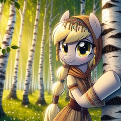 Size: 1024x1024 | Tagged: source needed, safe, ai content, derpibooru import, machine learning generated, derpy hooves, pegasus, pony, semi-anthro, g4, big head, birch tree, clothes, cyrillic, female, mare, prompter needed, russian, slavic, solo, tree