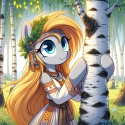 Size: 1024x1024 | Tagged: source needed, safe, ai content, derpibooru import, machine learning generated, derpy hooves, pegasus, pony, semi-anthro, g4, big head, birch tree, clothes, cyrillic, female, mare, prompter needed, russian, slavic, solo, tree