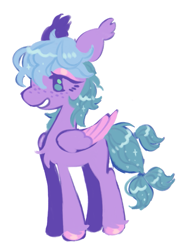 Size: 743x1004 | Tagged: safe, artist:webkinzworldz, derpibooru import, oc, oc:moonflower (webkinzworldz), pegasus, pony, alternate design, chest fluff, colored hooves, colored wings, colored wingtips, ear tufts, eye clipping through hair, eyelashes, eyeshadow, female, folded wings, freckles, green eyes, green tail, lidded eyes, long legs, makeup, mare, pegasus oc, profile, purple coat, shiny hoof, simple background, smiling, solo, sparkly mane, sparkly tail, tail, tied tail, two toned mane, two toned wings, unshorn fetlocks, white background, wingding eyes, wings