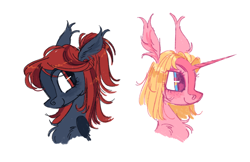 Size: 1444x935 | Tagged: safe, artist:webkinzworldz, derpibooru import, oc, oc only, pegasus, unicorn, ambiguous gender, big ears, big eyes, blaze (coat marking), blonde, blonde mane, blue eyes, blushing, bust, chest fluff, coat markings, colored horn, colored pinnae, colored wings, duo, ear fluff, ear tufts, ears, eyeshadow, facial markings, freckles, horn, long horn, looking at someone, makeup, pegasus oc, pink mane, ponytail, profile, red eyes, red mane, shoulder fluff, simple background, smiling, straight mane, two toned mane, unicorn horn, unicorn oc, unnamed oc, white background, wingding eyes, wings, yellow mane