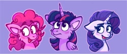 Size: 2048x871 | Tagged: safe, artist:fluttershyfilly-yay, derpibooru import, pinkie pie, rarity, twilight sparkle, twilight sparkle (alicorn), alicorn, earth pony, pony, unicorn, g4, blushing, cheek fluff, female, horn, mare, purple background, simple background, trio