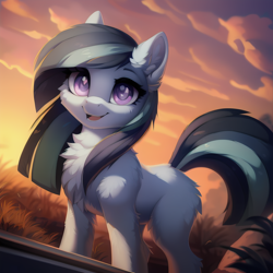 Size: 1536x1536 | Tagged: safe, ai content, derpibooru import, generator:stable diffusion, machine learning generated, marble pie, pony, g4, bust, chest fluff, ear fluff, ears, female, looking at you, mare, nature, outdoors, prompter:seashell, sky, smiling, smiling at you, solo, sunset, tail, two toned mane, two toned tail