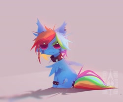 Size: 1280x1063 | Tagged: safe, artist:blcksswn, derpibooru import, rainbow dash, pegasus, pony, g4, :<, abstract background, alternate hairstyle, angry, big eyes, collar, ear fluff, ear piercing, ear tufts, earring, ears, emo, female, frown, gauges, industrial piercing, jewelry, looking at you, looking back, looking back at you, makeup, mare, messy mane, multicolored hair, multicolored mane, multicolored tail, narrowed eyes, piercing, pink eyes, rainbow dash is not amused, rainbow hair, rainbow tail, running makeup, shadow, short hair rainbow dash, short mane, signature, sitting, small wings, smoldash, solo, spiked collar, spiked wristband, spread wings, tail, tail collar, tied tail, unamused, watermark, wingding eyes, wings, wristband
