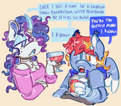 Size: 1450x1265 | Tagged: safe, artist:tottallytoby, derpibooru import, rainbow dash, rarity, anthro, pegasus, pony, unicorn, g4, alcohol, alternate color palette, alternate design, alternate eye color, alternate hair color, alternate hairstyle, beanbrows, beer, beer can, big eyes, blaze (coat marking), blushing, clothes, coat markings, cocaine, colored eartips, colored mouth, colored pinnae, colored wings, colored wingtips, curly hair, curly mane, dialogue, drink, drugs, duo, duo female, ear fluff, ear tufts, ears, elbow fluff, eye clipping through hair, eyebrows, eyebrows visible through hair, eyeshadow, facial markings, fangs, female, glass, hair over one eye, holding, hoof hands, horn, horn jewelry, implied blueblood, jewelry, lesbian, lidded eyes, long sleeves, looking at each other, looking at someone, makeup, mare, multicolored mane, neck fluff, open mouth, open smile, orange eyes, purple eyes, purple mane, raridash, shipping, shoulderless, simple background, small wings, smiling, speech bubble, spread wings, talking, tanktop, two toned wings, wall of tags, white coat, wine, wine glass, wings, yellow background