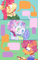 Size: 1223x1920 | Tagged: safe, artist:tottallytoby, derpibooru import, apple bloom, scootaloo, sweetie belle, anthro, earth pony, pegasus, pony, unicorn, g4, alternate color palette, alternate design, alternate hairstyle, arm fluff, beanbrows, blushing, braid, braided ponytail, chest fluff, clothes, colored ears, colored eartips, colored eyebrows, colored muzzle, colored pinnae, colored tongue, comic strip, curly hair, curly mane, curved horn, cutie mark crusaders, dialogue box, ear fluff, ear piercing, earring, ears, eye clipping through hair, eyebrows, eyebrows visible through hair, facial markings, female, green eyes, hair bun, hand mirror, headband, hoof hands, horn, jewelry, long sleeves, looking back, looking down, mare, mirror, older, older apple bloom, older cmc, older scootaloo, older sweetie belle, open mouth, orange coat, orange eyes, phone, phone call, piercing, ponytail, profile, purple eyes, purple mane, red mane, short mane, shoulder fluff, shoulderless, splotches, talking, texting, tongue, tongue out, trio, trio female, two toned mane, unicorn horn, wall of tags, white coat, wingding eyes, yellow coat