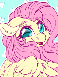Size: 1800x2400 | Tagged: safe, artist:thehaywaiianhorse, derpibooru import, fluttershy, butterfly, pegasus, pony, g4, bust, cheek fluff, colored eyebrows, cute, digital art, ear fluff, ears, eyebrows, female, floppy ears, fluffy, folded wings, high res, looking at you, mare, open mouth, open smile, portrait, shy, shyabetes, simple background, smiling, smiling at you, solo, wings