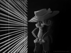 Size: 4000x3000 | Tagged: safe, artist:calebpedigo, derpibooru import, rarity, pony, unicorn, g4, black and white, blinds, bust, clothes, coat, detective rarity, female, grayscale, hat, high res, horn, looking out the window, mare, monochrome, noir, solo, window blinds