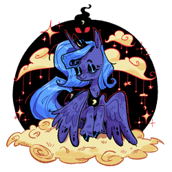 Size: 1080x1080 | Tagged: safe, artist:lagoartz, derpibooru import, princess luna, alicorn, pony, g4, alternate hairstyle, blue mane, blue tail, blush scribble, blushing, circle background, cloud, cluod, colored eartips, colored hooves, crown, ear fluff, ear tufts, ears, eyes closed, eyeshadow, female, freckles, horn, jewelry, long tail, makeup, mare, neck fluff, on a cloud, peytral, purple coat, red eyes, regalia, s1 luna, shiny hoof, short mane, simple background, sitting, sitting on cloud, smiling, solo, sparkles, stars, tail, tiara, unicorn horn, unshorn fetlocks, white background, wing fluff, wing freckles, wings, wings down