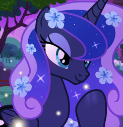 Size: 1080x1108 | Tagged: safe, artist:cstrawberrymilk, derpibooru import, princess luna, alicorn, pony, g4, alternate hairstyle, closed mouth, ethereal mane, eyeshadow, female, flower, flower in hair, lidded eyes, makeup, mare, missing accessory, show accurate, smiling, solo, sparkly mane, teal eyes