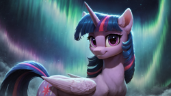 Size: 2560x1440 | Tagged: safe, ai content, derpibooru import, generator:pony diffusion v6 xl, generator:stable diffusion, machine learning generated, twilight sparkle, twilight sparkle (alicorn), alicorn, pony, g4, aurora borealis, female, high res, horn, looking at you, mare, outdoors, prompter:truekry, smiling, smiling at you, solo, wallpaper, wings