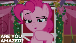 Size: 2000x1125 | Tagged: safe, derpibooru import, edit, edited screencap, editor:quoterific, screencap, pinkie pie, g4, the great escape room, barn, christmas wreath, solo, wreath