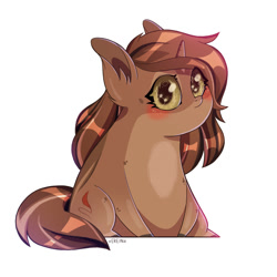 Size: 2000x2000 | Tagged: safe, artist:erein, derpibooru import, oc, oc only, oc:maple leaf, pony, unicorn, big ears, big eyes, blushing, brown coat, brown mane, chibi, chubbie, commission, cute, ears, ears up, eyeshadow, female, high res, horn, makeup, multicolored hair, simple background, solo, starry eyes, unicorn oc, white background, wingding eyes