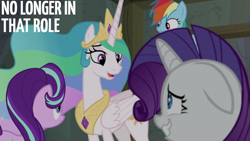 Size: 2000x1125 | Tagged: safe, derpibooru import, edit, edited screencap, editor:quoterific, screencap, princess celestia, rainbow dash, rarity, starlight glimmer, g4, horse play, wavy mouth