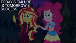 Size: 2010x1130 | Tagged: safe, derpibooru import, edit, edited screencap, editor:quoterific, screencap, pinkie pie, sunset shimmer, better together, equestria girls, g4, sunset's backstage pass!, female, forest, nature, night, stars, tree