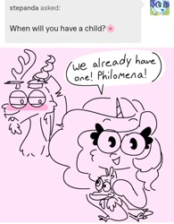 Size: 719x923 | Tagged: safe, artist:pigzfairy, derpibooru import, discord, philomena, princess celestia, hybrid, g4, dislestia, female, interspecies offspring, male, offspring, parent:discord, parent:princess celestia, parents:dislestia, question, screenshots, shipping, sketch, straight, tumblr