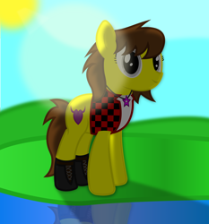 Size: 1400x1505 | Tagged: safe, artist:cardshark777, derpibooru import, oc, oc only, oc:liz (cardshark777), earth pony, alone, boots, clothes, female, horn, horn ring, jacket, jewelry, lens flare, mare, necklace, redesign, reflection, ring, shading, shoes, smiling, solo, standing, sun, water, white shirt