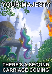 Size: 1240x1754 | Tagged: safe, artist:plainoasis, derpibooru exclusive, derpibooru import, edit, princess celestia, alicorn, pony, g4, 9/11 joke, canterlot, caption, destruction, female, fire, image macro, mare, smoke, solo, text