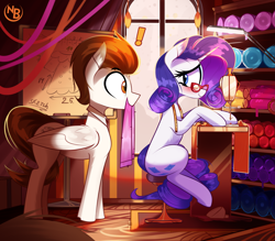 Size: 4531x3968 | Tagged: safe, artist:nevobaster, derpibooru import, rarity, oc, oc:rml, pegasus, pony, unicorn, g4, canon x oc, carpet, chair, clothes, eyeshadow, female, fire, glasses, horn, lamp, lidded eyes, looking at each other, looking at someone, makeup, male, mare, not rocky riff, scarf, sewing, sewing machine, sitting, slippers, snow, snowfall, stallion, tired, wings, working