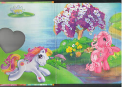 Size: 800x572 | Tagged: safe, derpibooru import, pinkie pie (g3), sunny daze (g3), earth pony, g3, book, egmont, flower, heart, lake, looking at you, merchandise, mushroom, official, page, running, scan, smiling, smiling at you, standing, tree, water, waterlily