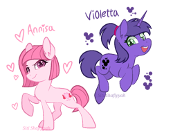 Size: 984x755 | Tagged: safe, artist:cosmosartist-188, artist:guruyunus17, derpibooru import, oc, oc only, oc:annisa trihapsari, oc:violetta cuddles belle, alicorn, earth pony, pony, unicorn, base used, duo, duo female, earth pony oc, female, happy, heart, hidden mickey, horn, ibispaint x, looking at you, mare, name, open mouth, open smile, ponytail, simple background, smiling, smiling at you, transparent background, unicorn oc, watermark