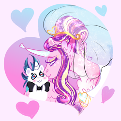 Size: 1000x1000 | Tagged: safe, artist:miyalaflordorada, derpibooru import, princess cadance, shining armor, alicorn, pony, unicorn, g4, alternate hairstyle, bowtie, chest fluff, clothes, dress, duo, duo male and female, female, hair bun, heart, heart eyes, horn, kiss on the cheek, kissing, larger female, male, mare, meme, pink background, shiningcadance, shipping, simple background, size difference, smaller male, smol, stallion, straight, the bride and the ugly ass groom, veil, wedding dress, wedding veil, wingding eyes