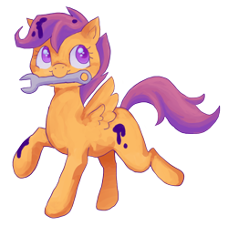 Size: 866x858 | Tagged: safe, artist:teochronico, derpibooru import, scootaloo, pegasus, pony, missing cutie mark, mouth hold, oil, simple background, solo, transparent background, wrench