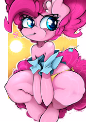 Size: 2894x4093 | Tagged: safe, artist:ahekao, derpibooru import, pinkie pie, earth pony, pony, semi-anthro, g4, blue eyes, candy, clothes, ear fluff, ears, eyelashes, female, feral, food, mare, older, older pinkie pie, panties, question mark, solo, thighs, underwear