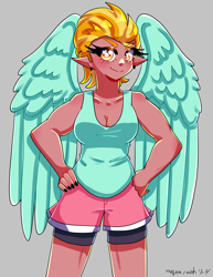 Size: 2975x3850 | Tagged: safe, artist:mylittleyuri, derpibooru import, lightning dust, human, blushing, breasts, clothes, ear piercing, earring, elf ears, female, gray background, humanized, jewelry, nail polish, piercing, shorts, simple background, solo, sports shorts, tanktop, winged humanization, wings