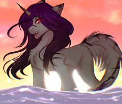 Size: 2800x2400 | Tagged: safe, artist:enderbee, derpibooru import, oc, oc:enderbee, pony, unicorn, chest fluff, ear fluff, ears, female, high res, horn, mare, ocean, purple hair, smiling, solo, sun, sunset, tail, tail fluff, water