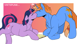 Size: 1944x1116 | Tagged: safe, artist:viktiipunk, derpibooru import, twilight sparkle, oc, oc:archer, pony, unicorn, g4, bending, book, canon x oc, chest fluff, ears back, ears up, eyes closed, horn, horns, kiss on the lips, kissing, kneeling, leaning, lying down, raised tail, tail