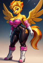 Size: 2496x3648 | Tagged: safe, ai content, derpibooru import, generator:pony diffusion v6 xl, generator:stable diffusion, machine learning generated, spitfire, anthro, pegasus, big breasts, boots, breasts, cleavage, clothes, crossover, female, gloves, high heel boots, high res, open mouth, open smile, prompter:lotsofcaps, rouge the bat costume, shoes, simple background, smiling, solo, sonic the hedgehog (series), titfire