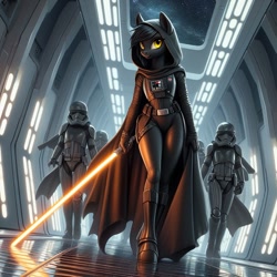 Size: 1024x1024 | Tagged: source needed, safe, ai content, derpibooru import, machine learning generated, anthro, lightsaber, prompter:ponylover218, sith, star wars, stormtrooper, weapon