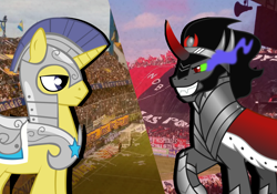 Size: 2000x1400 | Tagged: safe, artist:90sigma, artist:red4567, derpibooru import, editor:jojodidu, comet tail, king sombra, human, pony, unicorn, g4, argentina, armor, emblem, flag, football, football stadium, guard, horn, irl, irl human, male, newell's old boys, photo, rosario, rosario central, royal guard, smiling, spanish text, sports, stadium, stallion, unicorn royal guard