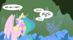 Size: 1447x792 | Tagged: dead source, safe, artist:egophiliac, derpibooru import, princess celestia, princess luna, alicorn, pony, g4, artifact, dialogue, everfree forest, female, forest, invisible, mare, nature, parody, pinklestia, poison joke, poison joke field, royal sisters, siblings, sisters, toy, tree