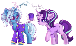 Size: 1696x1037 | Tagged: safe, artist:cloud-fly, derpibooru import, starlight glimmer, trixie, pony, unicorn, g4, alternate hairstyle, babysitter trixie, clothes, coffee, coffee mug, colored pupils, dialogue, duo, duo female, female, gameloft, glowing, glowing horn, hoodie, horn, lesbian, levitation, looking at each other, looking at someone, magic, magic aura, mare, mug, my little pony: magic princess, open mouth, open smile, pajamas, raised hoof, raised leg, see-through, shipping, shirt, simple background, smiling, smiling at each other, startrix, telekinesis, white background