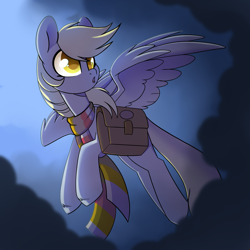 Size: 2048x2048 | Tagged: safe, artist:cloud-fly, derpibooru import, derpy hooves, pegasus, pony, g4, bag, clothes, cloud, female, flying, high res, mare, open mouth, outdoors, saddle bag, scarf, solo, spread wings, stormcloud, striped scarf, wings