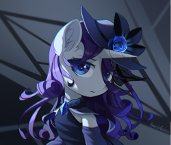 Size: 2100x1775 | Tagged: safe, artist:emeraldgalaxy, derpibooru import, rarity, pony, unicorn, g4, beautiful, chromatic aberration, clothes, ear fluff, ears, eye clipping through hair, eyebrows, eyebrows visible through hair, female, hat, horn, looking at you, mare, signature, solo