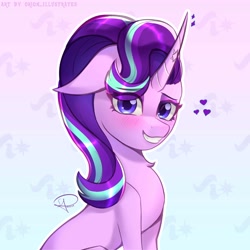 Size: 5000x5000 | Tagged: safe, artist:orion_illustrates, derpibooru import, starlight glimmer, pony, unicorn, g4, absurd resolution, blushing, curved horn, cutie mark background, ears, eye clipping through hair, eyebrows, eyebrows visible through hair, female, floppy ears, gradient background, grin, heart, horn, looking at you, mare, signature, sitting, smiling, smiling at you, solo