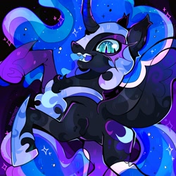 Size: 2048x2048 | Tagged: safe, artist:infinithiez, derpibooru import, nightmare moon, alicorn, pony, g4, abstract background, armor, black coat, blue eyes, blue mane, blue sclera, blue tail, chest fluff, coat markings, colored eartips, colored eyelashes, colored sclera, concave belly, curved horn, ear fluff, ear tufts, ears, ethereal mane, ethereal tail, eyeshadow, fangs, female, fit, helmet, hoof shoes, horn, jewelry, lidded eyes, looking down, makeup, mare, multicolored mane, multicolored tail, open mouth, open smile, peytral, princess shoes, profile, rearing, regalia, sharp teeth, signature, slender, slit eyes, smiling, solo, sparkles, spread wings, starry mane, starry tail, tail, teeth, thick eyelashes, thin, transparent wings, unicorn horn, wavy mane, wavy tail, wingding eyes, wings