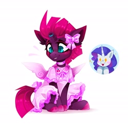 Size: 2427x2392 | Tagged: safe, artist:buvanybu, derpibooru import, rarity, tempest shadow, pony, unicorn, g4, blush lines, blushing, bow, broken horn, choker, clothes, dress, eye scar, facial scar, fake wings, female, frilly dress, hair bow, horn, inset, mare, pink dress, pretty pretty tempest, scar, simple background, sitting, smiling, tail, tail bow, tomboy taming, white background, wingding eyes